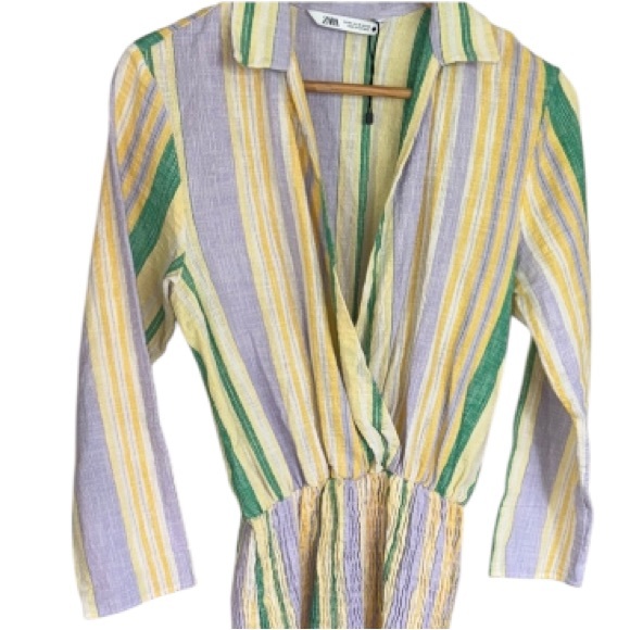 Zara Multicolor Striped Dress smocked lower faux wrap XS NEW - Picture 1 of 4